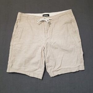 Express Drawstring Shorts Mens 30 Beige Linen Blend 9" Inseam Casual Summer
